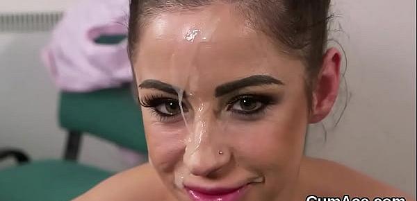  Unusual honey gets cum load on her face eating all the jizm